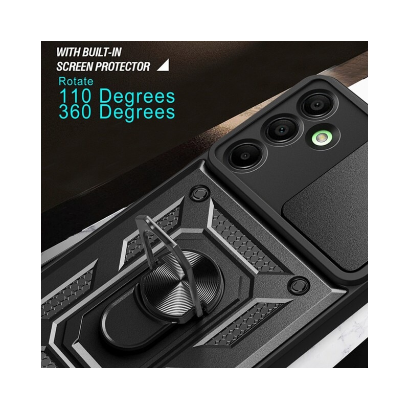 Husa Spate Upzz® Camshield Compatibila Cu Samsung Galaxy A16 4G / A16 5G, Protectie La Camere, Inel Metalic, Stand - Black