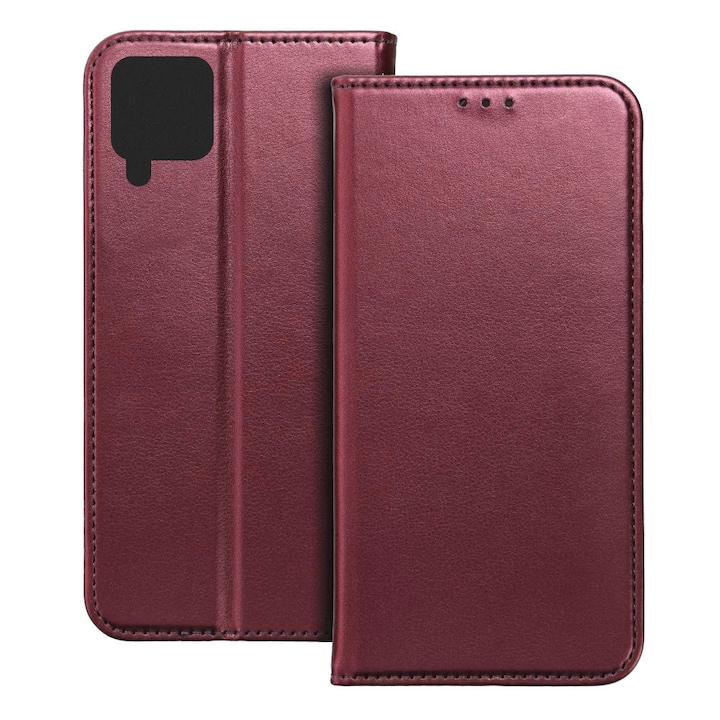 Husa pentru Samsung Galaxy A12 / M12, Piele ecologica, Premium PU Leather Book, Buzunar card, Inchidere magnetica, Functie stand / suport, Decupaj difuzor apeluri, Acoperire completa 360 de grade, Protectie fata-spate, Tip carte, Visiniu
