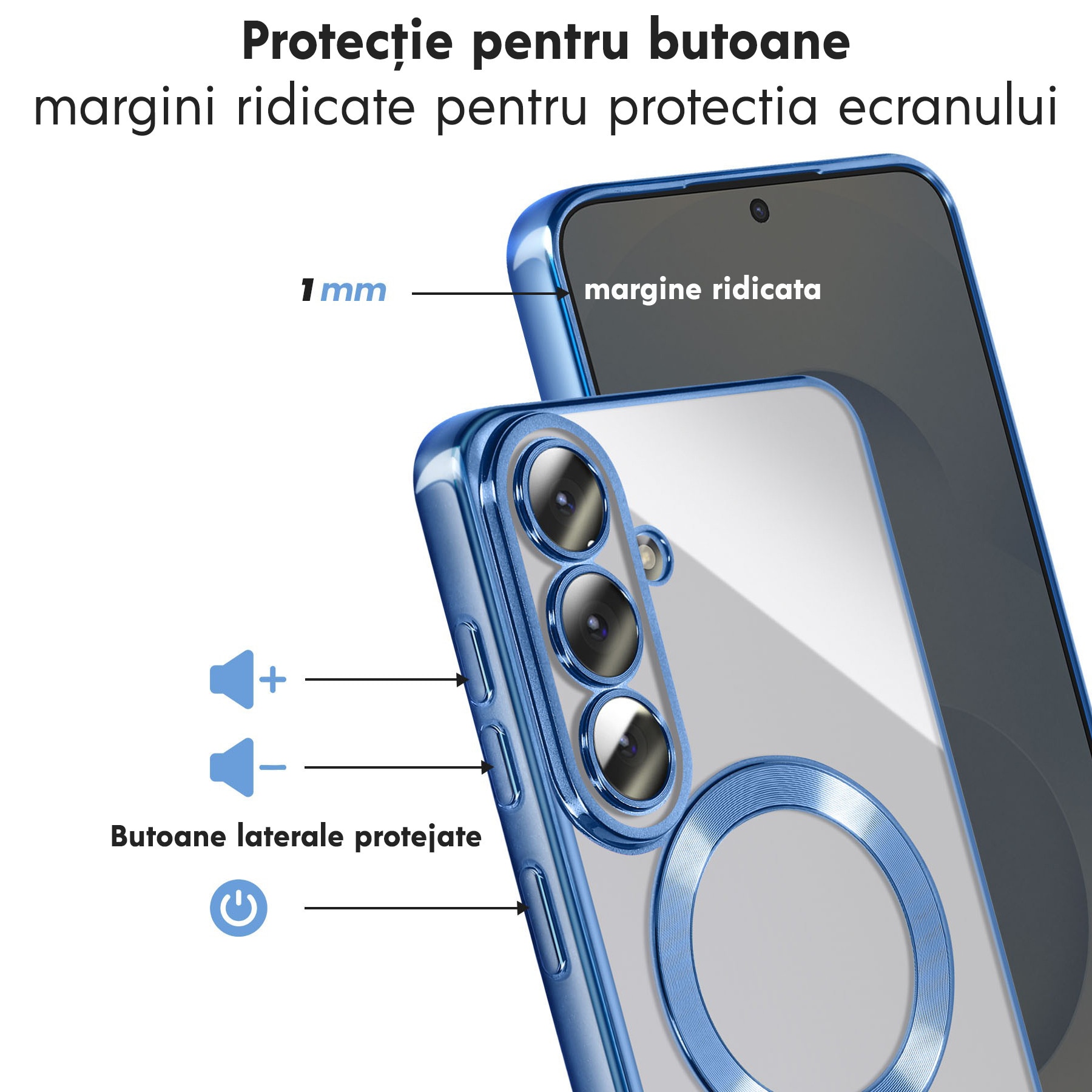 Husa pentru Samsung Galaxy S26 Plus DaDen MagSafe Luxury Antisoc, Transparenta cu Margini Albastre, Slim