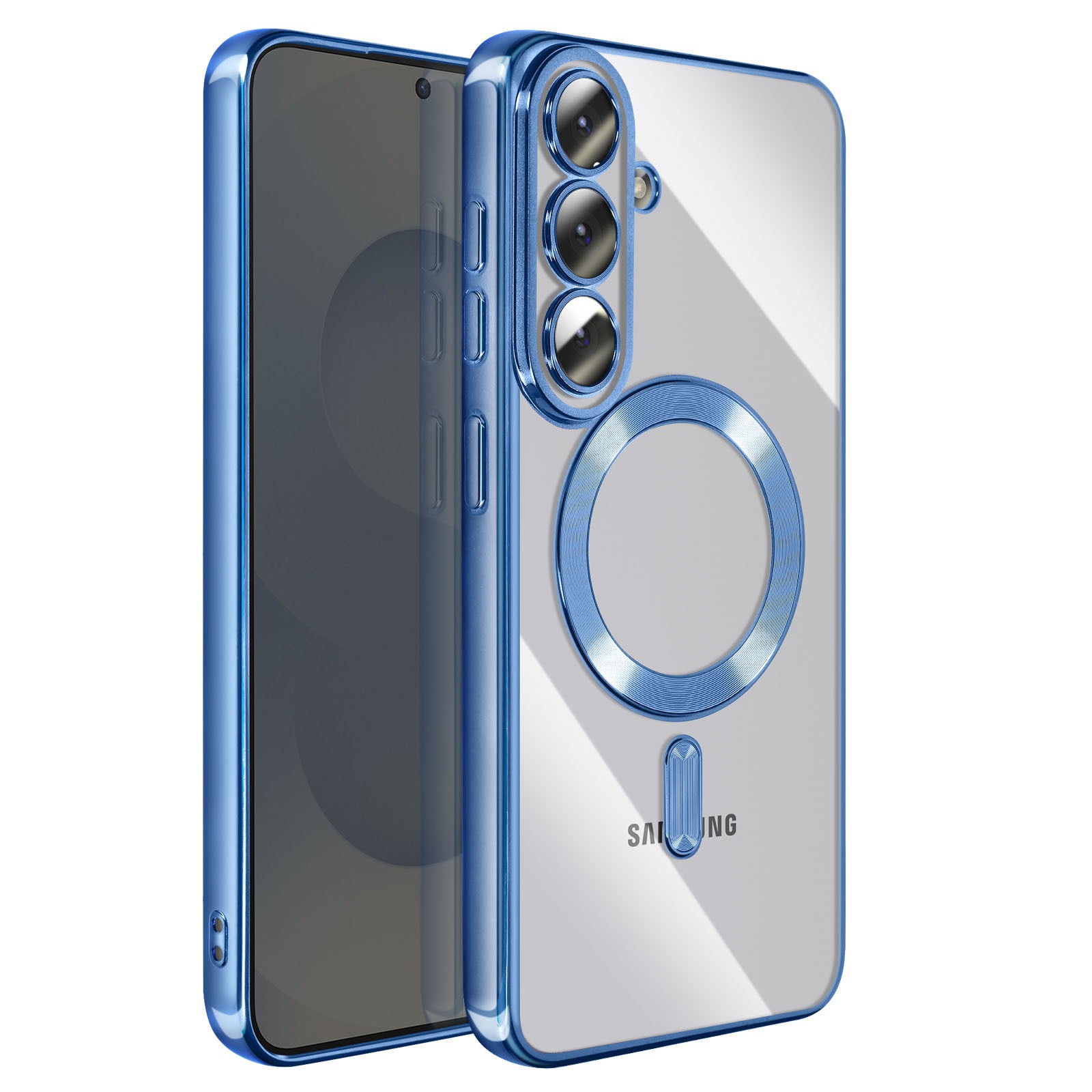 Husa pentru Samsung Galaxy S26 Plus DaDen MagSafe Luxury Antisoc, Transparenta cu Margini Albastre, Slim