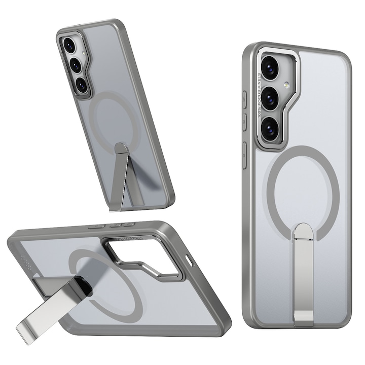 Husa de protectie pentru Samsung Galaxy S25 Compatibila cu MagSafe, Kickstand Metalic, TPU + Acril, Gri – Protectie Premium si Design Elegant