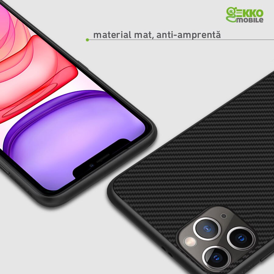 Husa Carbon Skin pentru iPhone 11 Pro Max - Silicon, ultraslim, decupaje camera, suprafata mata - Gekko Mobile®