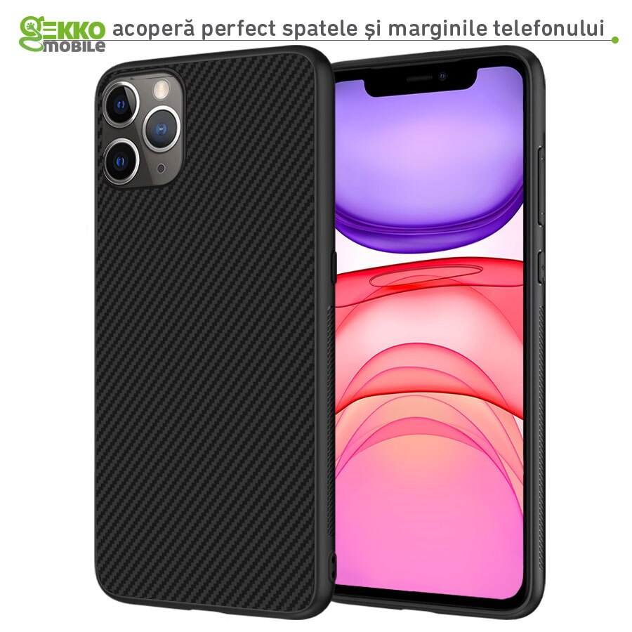Husa Carbon Skin pentru iPhone 11 Pro Max - Silicon, ultraslim, decupaje camera, suprafata mata - Gekko Mobile®