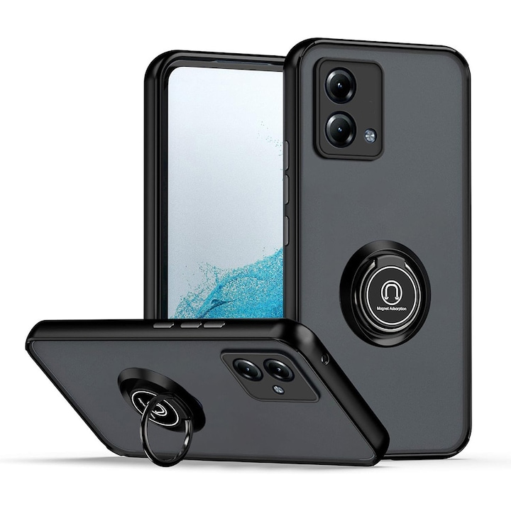 Husa Matte Ring Grip, Compatibil cu Motorola Moto Edge 40 neo 5G, Antisoc Armor, Inel rotativ 360 grade, Magnet suport auto incorporat, Negru