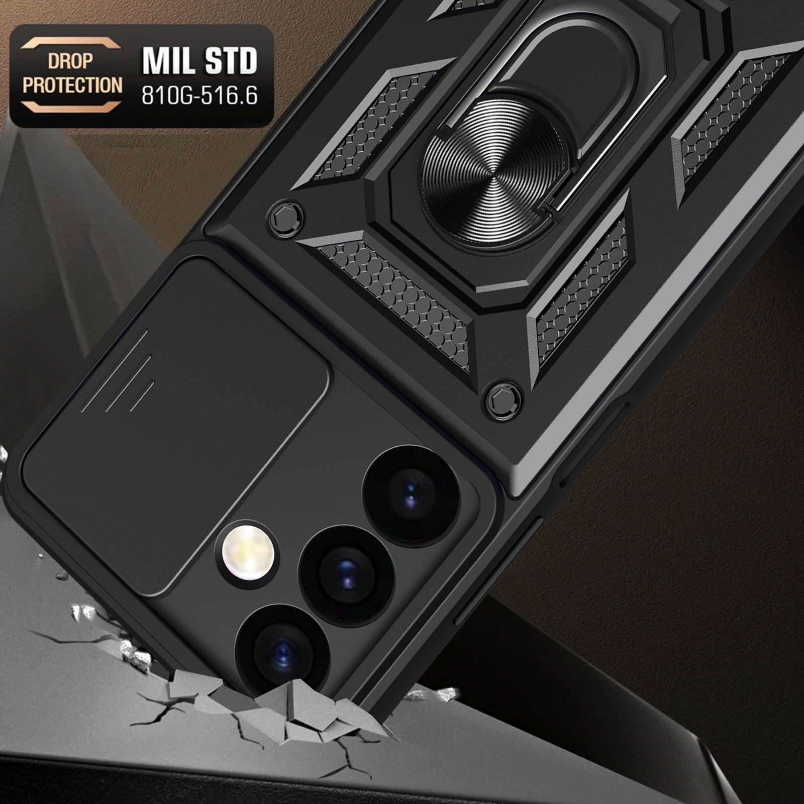 Husa Defender Slide pentru Samsung Galaxy S25 Ultra, Protectie Camere, Suport Inel, Prindere Magnetica, Negru