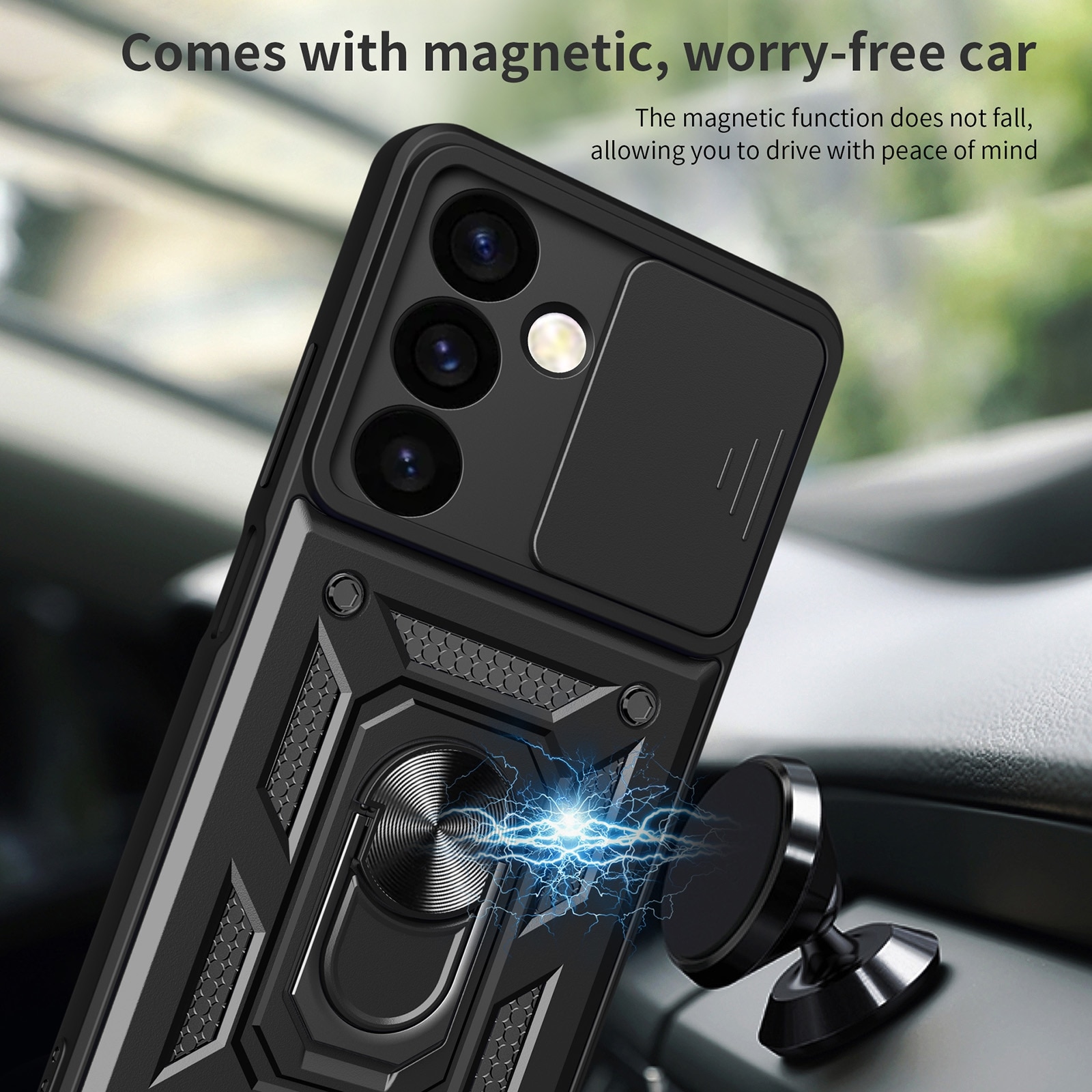 Husa Defender Slide pentru Samsung Galaxy S25 Ultra, Protectie Camere, Suport Inel, Prindere Magnetica, Negru