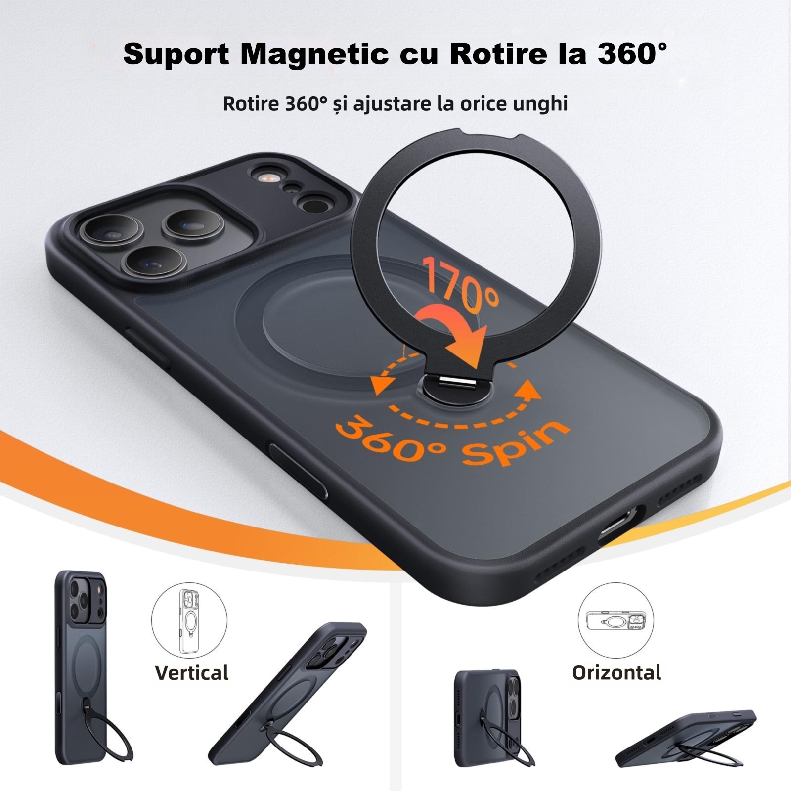 Husa MagSafe de Protectie cu Suport Rotativ 360, MOGU Compatibila cu iPhone 17 Pro Max, Buton de Control al Camerei, Incarcare Wireless, Protectie Militara Impotriva Caderilor, Antishock, TPU, Negru