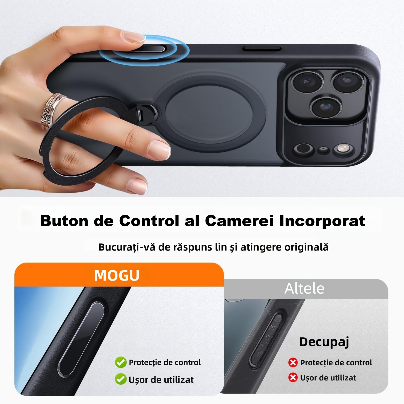 Husa MagSafe de Protectie cu Suport Rotativ 360, MOGU Compatibila cu iPhone 17 Pro Max, Buton de Control al Camerei, Incarcare Wireless, Protectie Militara Impotriva Caderilor, Antishock, TPU, Negru