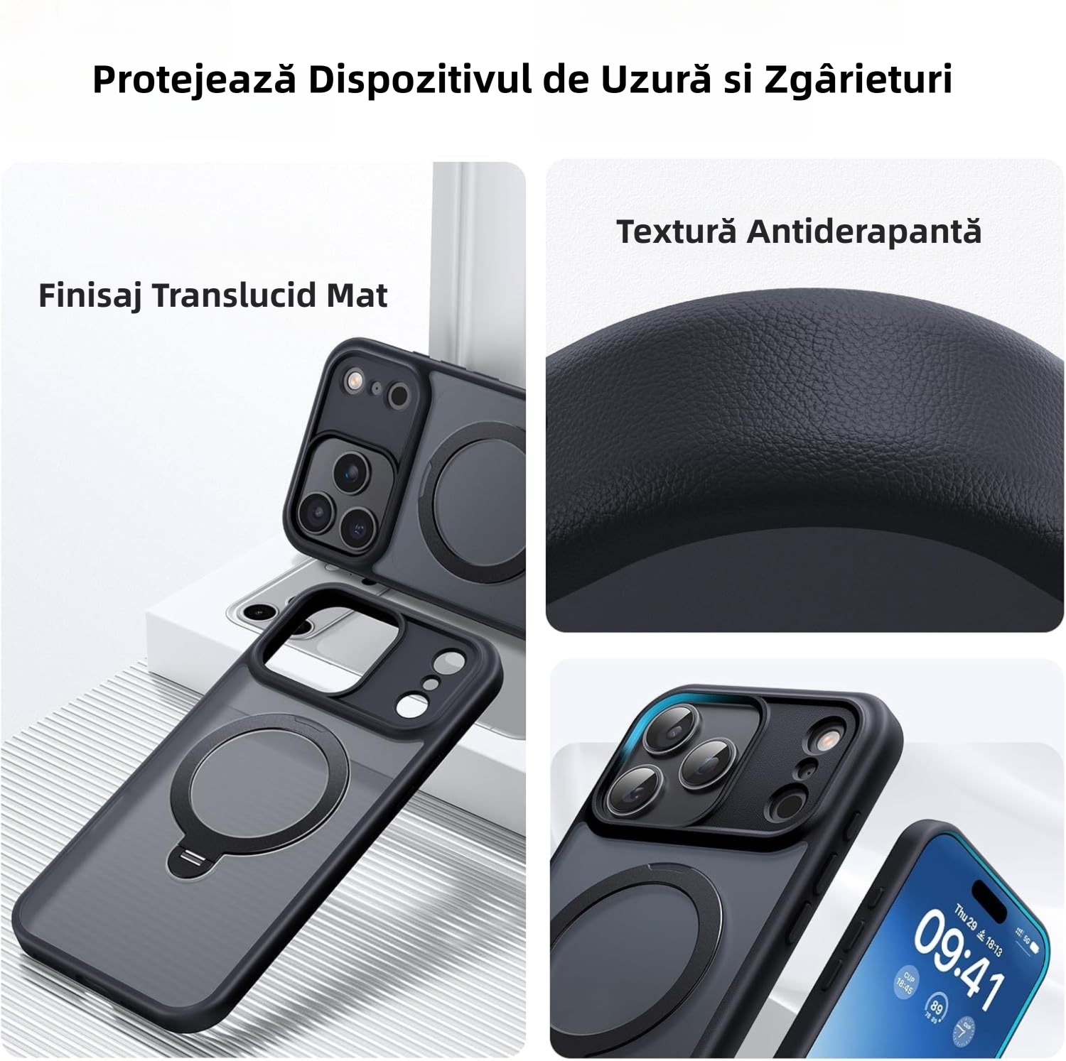 Husa MagSafe de Protectie cu Suport Rotativ 360, MOGU Compatibila cu iPhone 17 Pro Max, Buton de Control al Camerei, Incarcare Wireless, Protectie Militara Impotriva Caderilor, Antishock, TPU, Negru