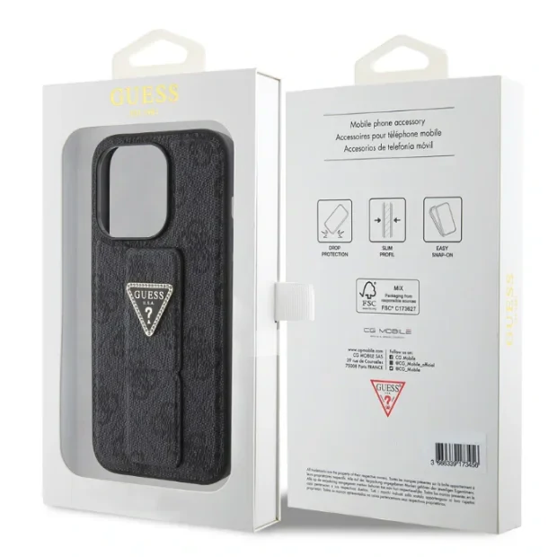 Husa de protectie Cover Guess PU Grip Stand 4G Strass Triangle Metal Logo pentru iPhone 15 Pro, Negru