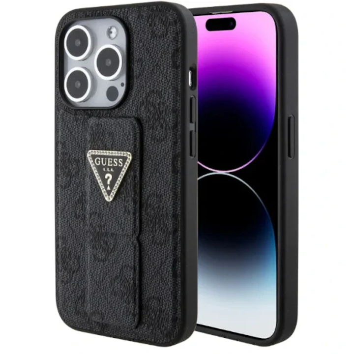 Husa de protectie Cover Guess PU Grip Stand 4G Strass Triangle Metal Logo pentru iPhone 15 Pro, Negru