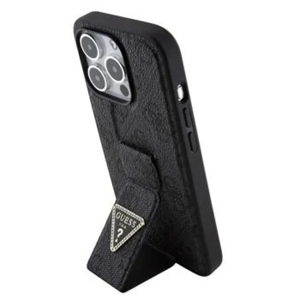 Husa de protectie Cover Guess PU Grip Stand 4G Strass Triangle Metal Logo pentru iPhone 15 Pro, Negru