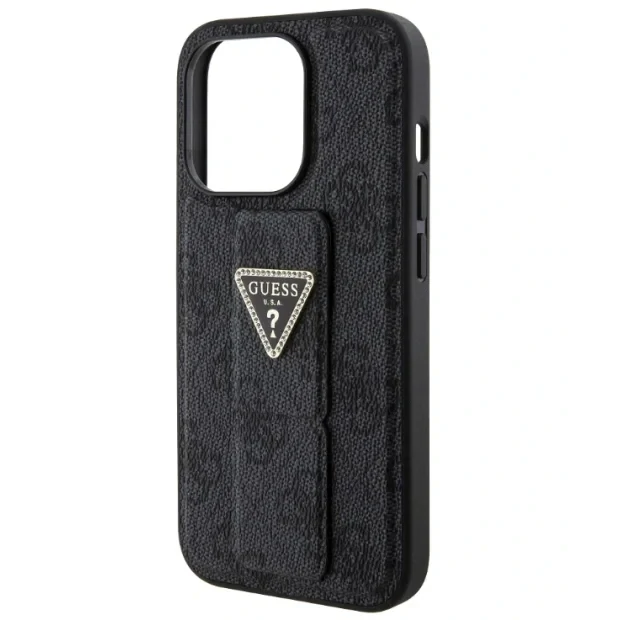 Husa de protectie Cover Guess PU Grip Stand 4G Strass Triangle Metal Logo pentru iPhone 15 Pro, Negru