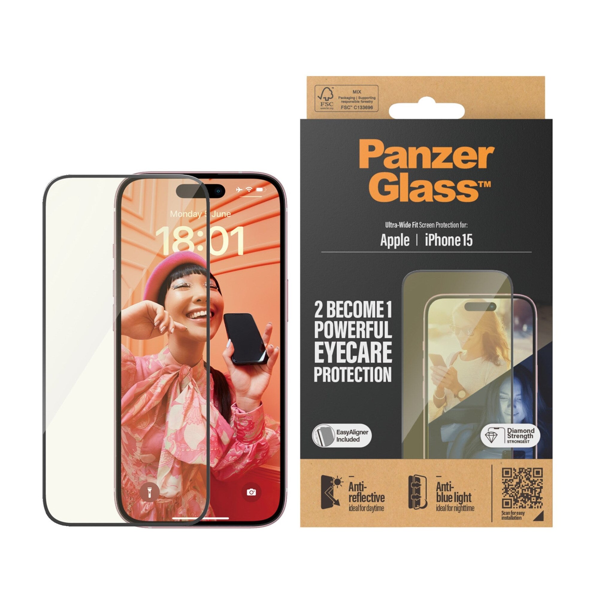 Folie de protectie Sticla PanzerGlass Eyecare UWF iPhone 15 cu aplicator, Negru