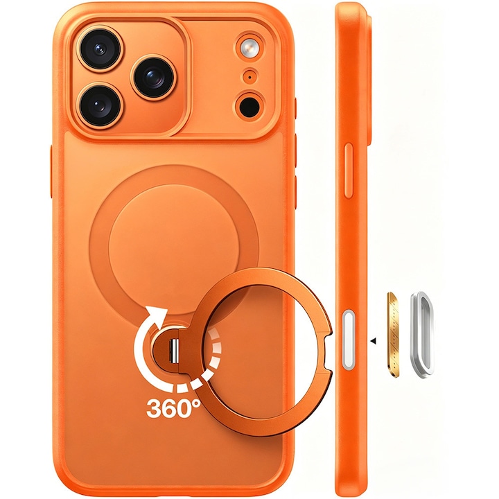 Husa de protectie pentru iPhone 17 Pro Max, MOGU cu Suport Magnetic Rotativ la 360°, Buton de Control al Camerei, Compatibila cu MagSafe, Incarcare Wireless, Suport Magnetic, Portocalie, TPU, Portocaliu