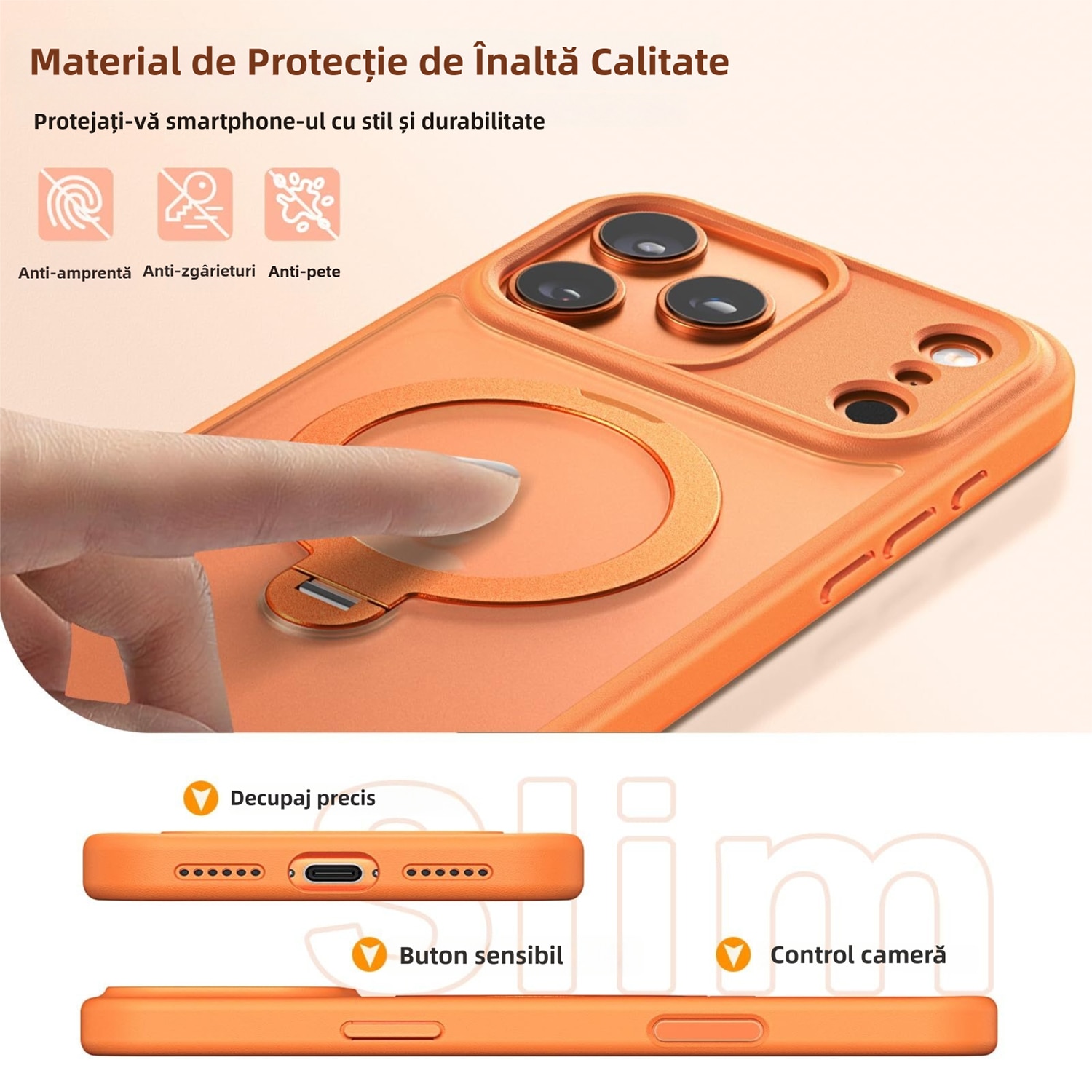 Husa de protectie pentru iPhone 17 Pro Max, MOGU cu Suport Magnetic Rotativ la 360°, Buton de Control al Camerei, Compatibila cu MagSafe, Incarcare Wireless, Suport Magnetic, Portocalie, TPU, Portocaliu