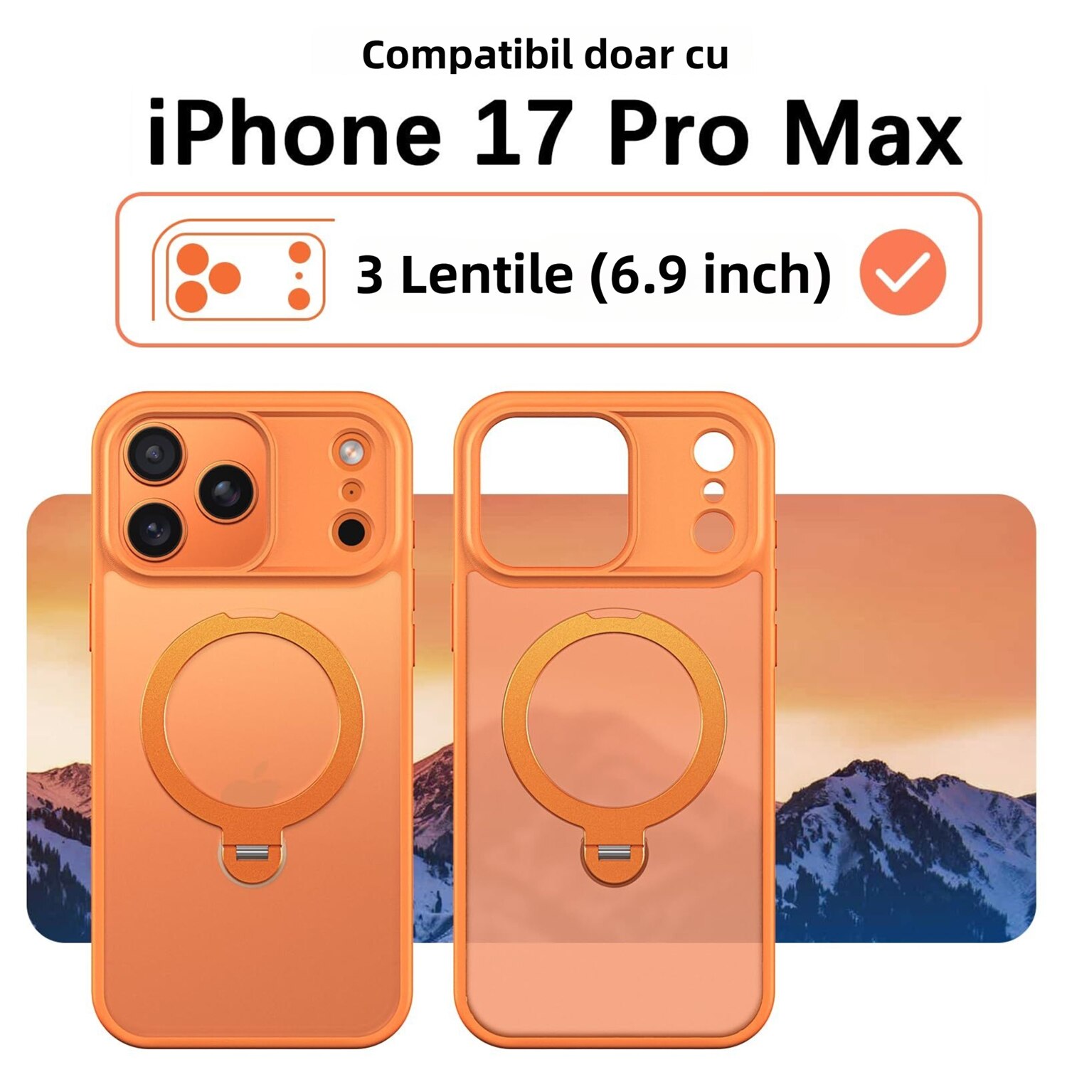 Husa de protectie pentru iPhone 17 Pro Max, MOGU cu Suport Magnetic Rotativ la 360°, Buton de Control al Camerei, Compatibila cu MagSafe, Incarcare Wireless, Suport Magnetic, Portocalie, TPU, Portocaliu