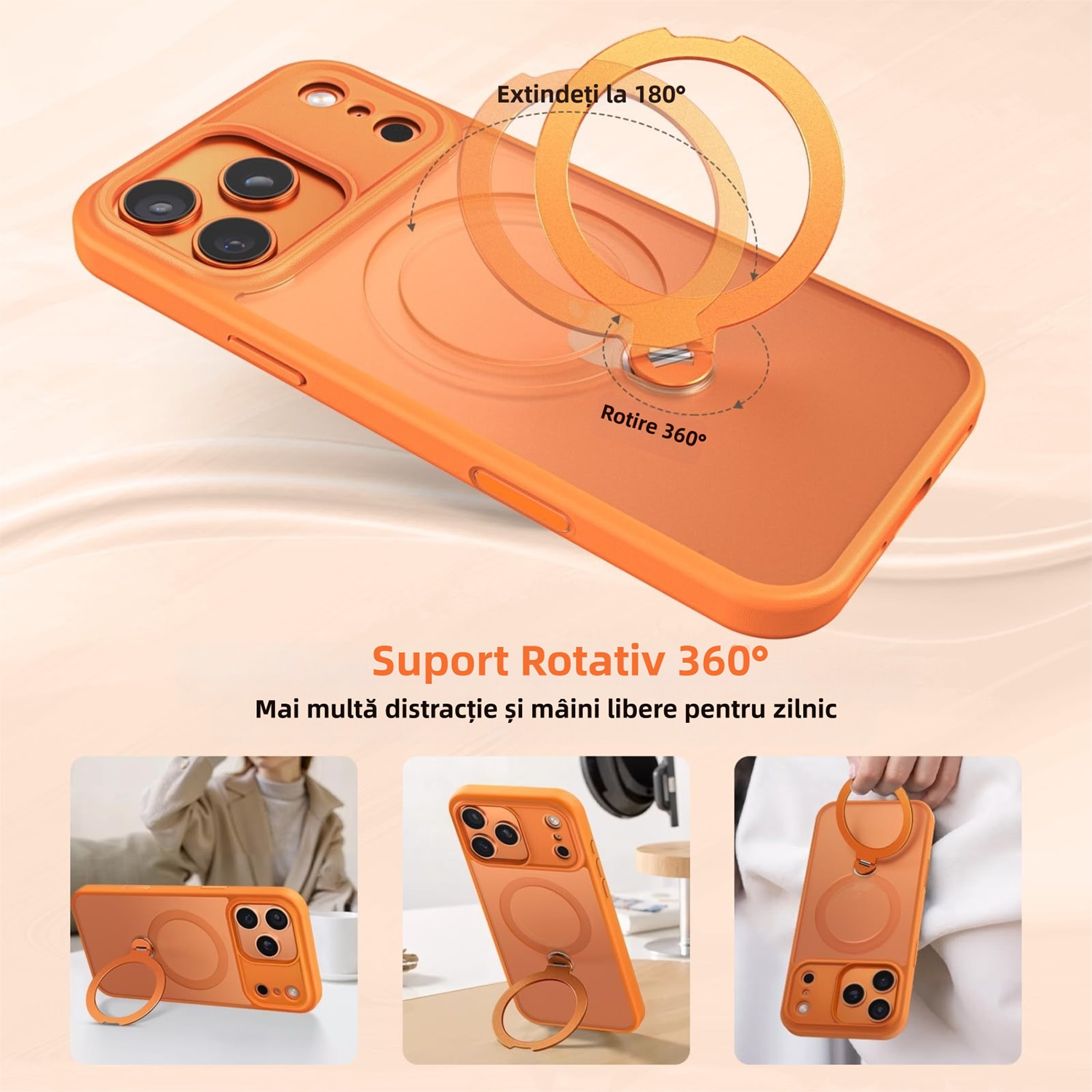 Husa de protectie pentru iPhone 17 Pro Max, MOGU cu Suport Magnetic Rotativ la 360°, Buton de Control al Camerei, Compatibila cu MagSafe, Incarcare Wireless, Suport Magnetic, Portocalie, TPU, Portocaliu