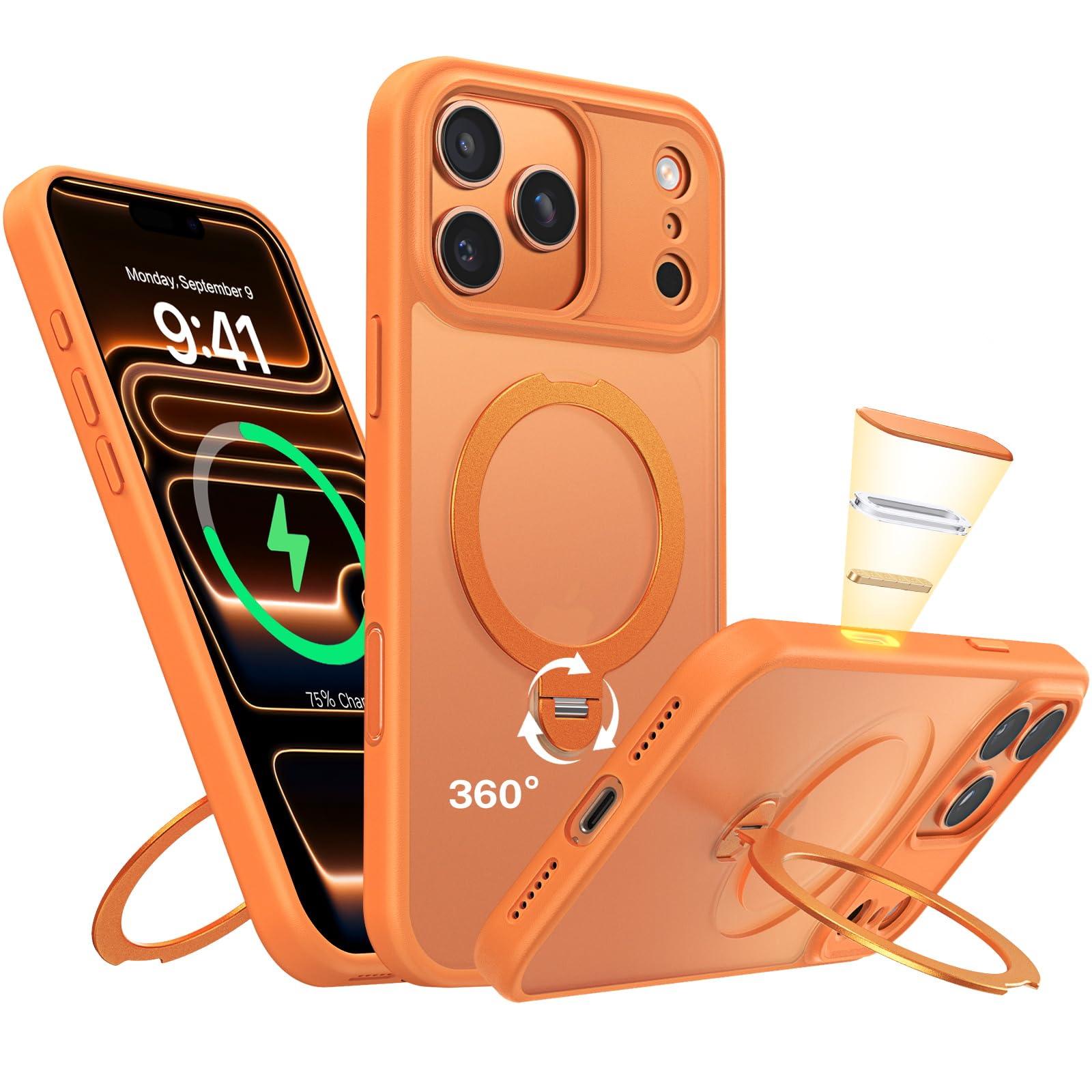 Husa de protectie pentru iPhone 17 Pro Max, MOGU cu Suport Magnetic Rotativ la 360°, Buton de Control al Camerei, Compatibila cu MagSafe, Incarcare Wireless, Suport Magnetic, Portocalie, TPU, Portocaliu