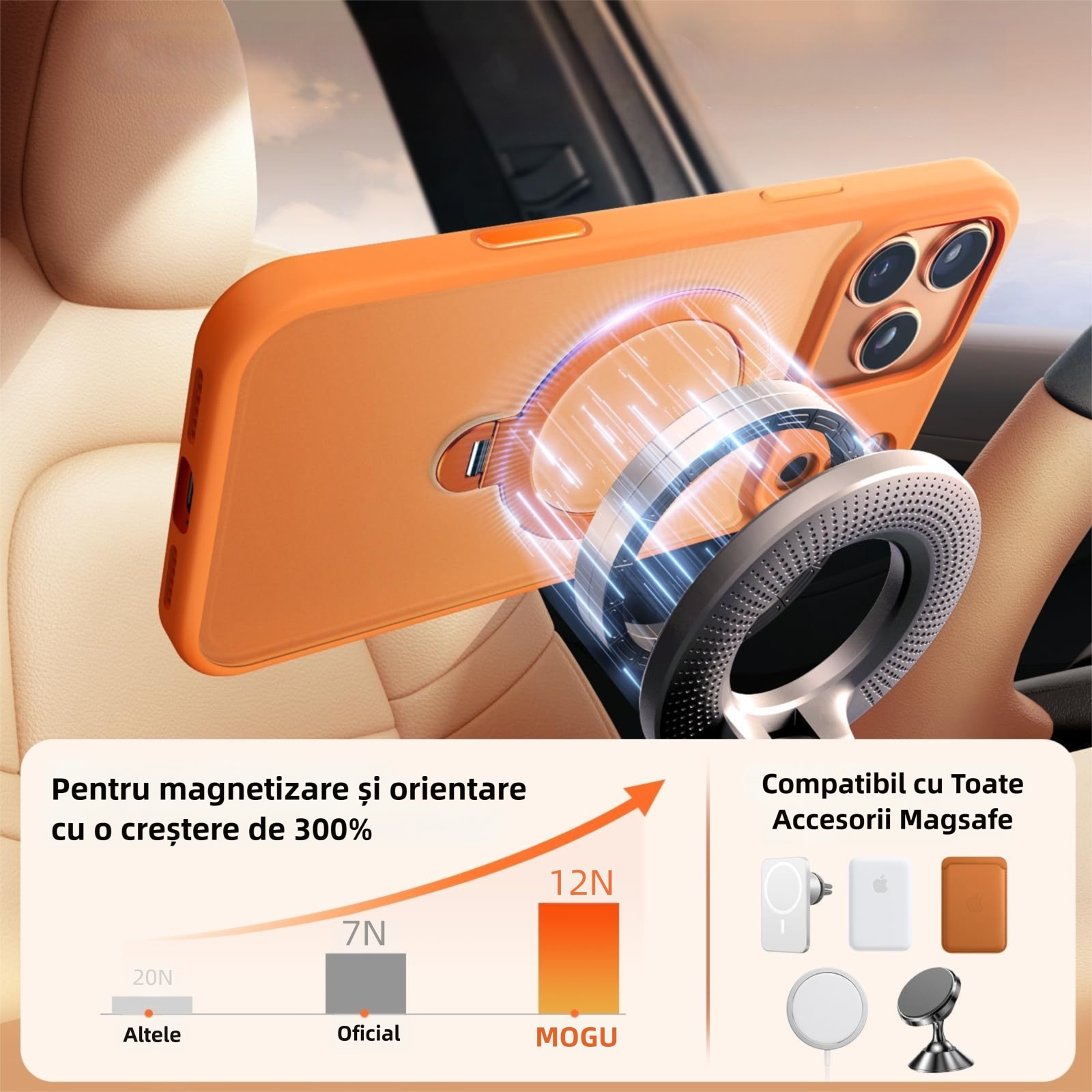 Husa de protectie pentru iPhone 17 Pro Max, MOGU cu Suport Magnetic Rotativ la 360°, Buton de Control al Camerei, Compatibila cu MagSafe, Incarcare Wireless, Suport Magnetic, Portocalie, TPU, Portocaliu
