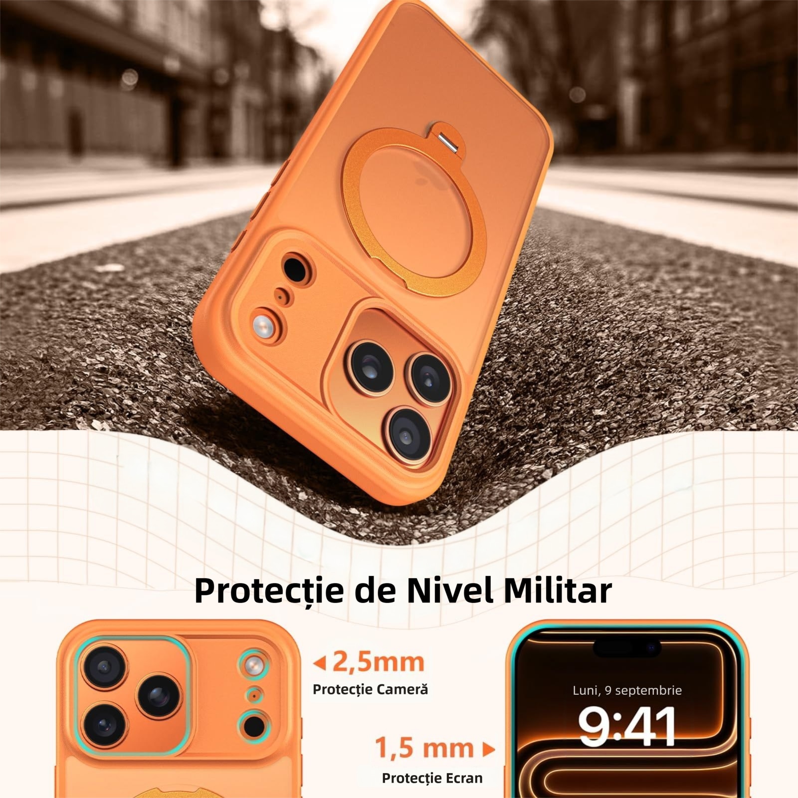 Husa de protectie pentru iPhone 17 Pro Max, MOGU cu Suport Magnetic Rotativ la 360°, Buton de Control al Camerei, Compatibila cu MagSafe, Incarcare Wireless, Suport Magnetic, Portocalie, TPU, Portocaliu