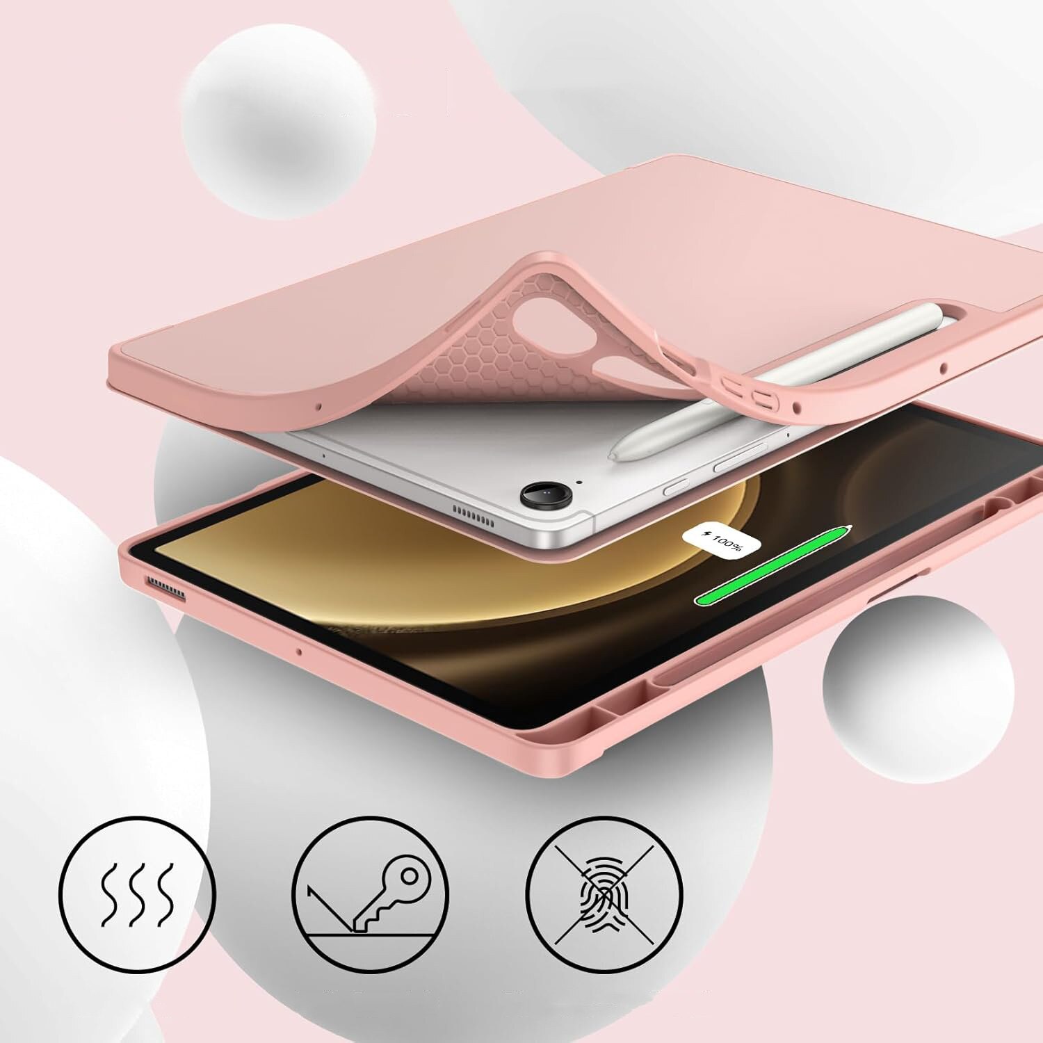 Husa cu clapeta, Supero, Samsung, compatibil Tab S9/S9 FE/S10 FE/S10 Lite, maner pentru stylus, functie auto-wake/auto-sleep, stand pliabil in 2 pozitii, spate tare anti-zgarieturi, decupaje precise pentru porturi, ventilare hexagonala, negru