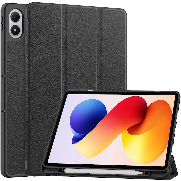 Husa pentru tableta, Supero, compatibila Xiaomi Redmi Pad 2 11" 2025, carcasa cu clapeta magnetica, spate dur rezistent la zgarieturi, suport pentru stylus incorporat, functie stand reglabila 3 pozitii, auto wake/sleep, finisaj elegant, negru