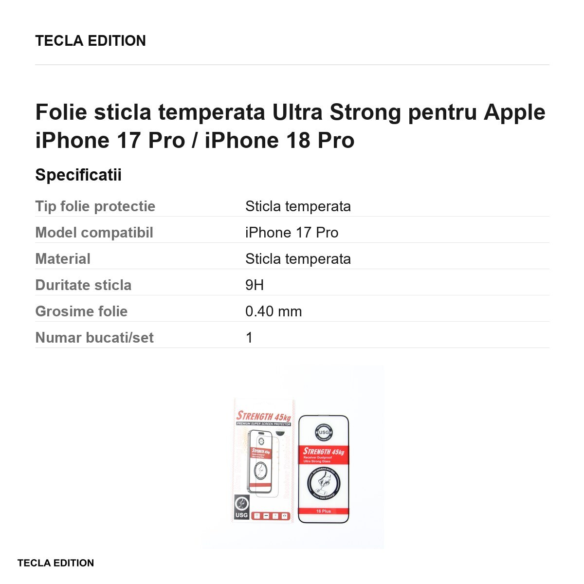 Folie sticla temperata Ultra Strong pentru Apple iPhone 17 Pro / iPhone 18 Pro