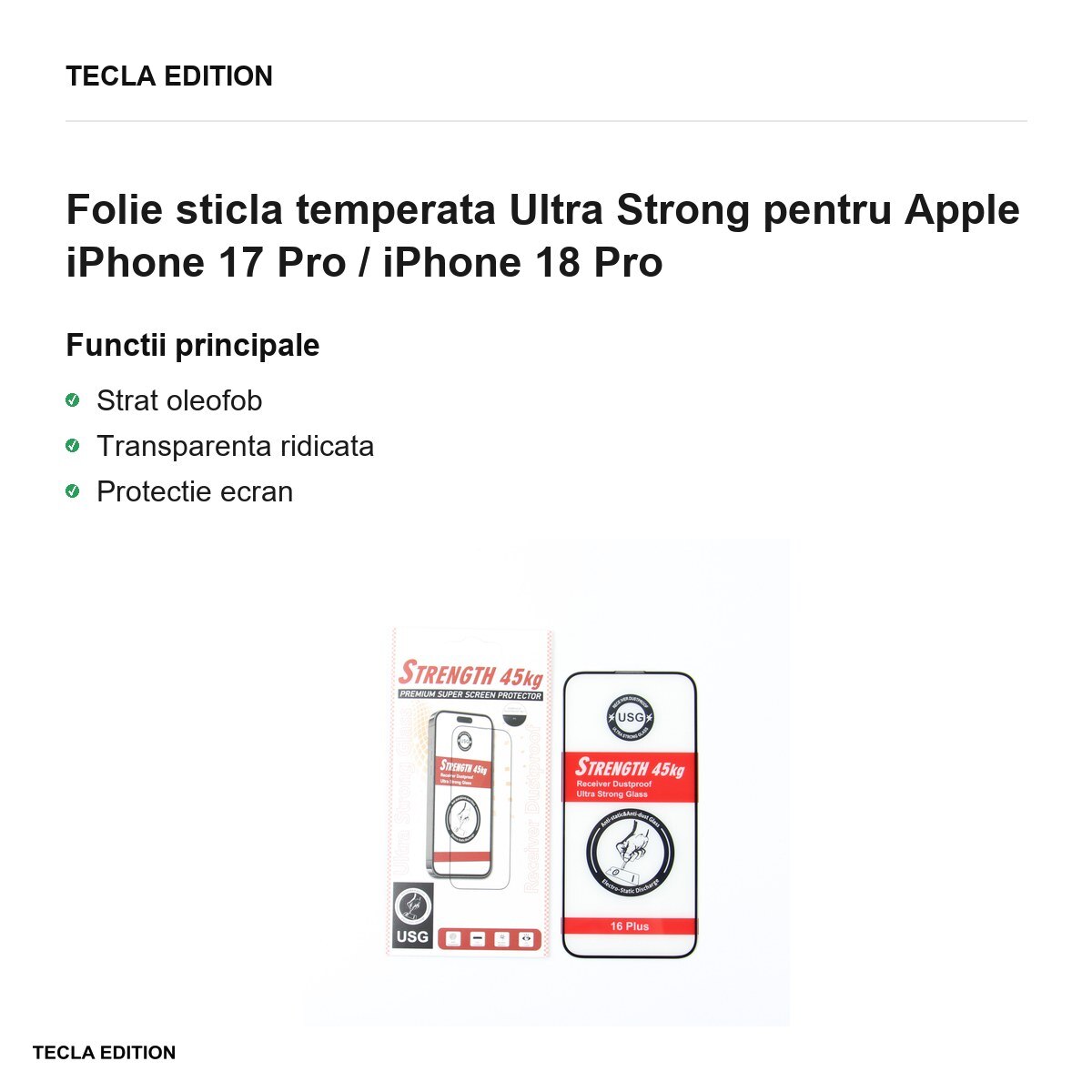 Folie sticla temperata Ultra Strong pentru Apple iPhone 17 Pro / iPhone 18 Pro