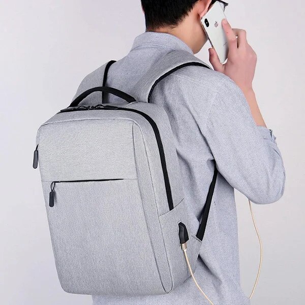 Rucsac laptop 15.6 inch, USB, rezistent la apa, gri, ajustabil, usor