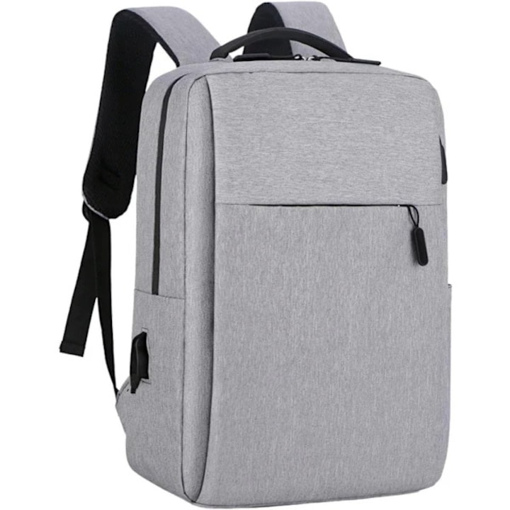 Rucsac laptop 15.6 inch, USB, rezistent la apa, gri, ajustabil, usor