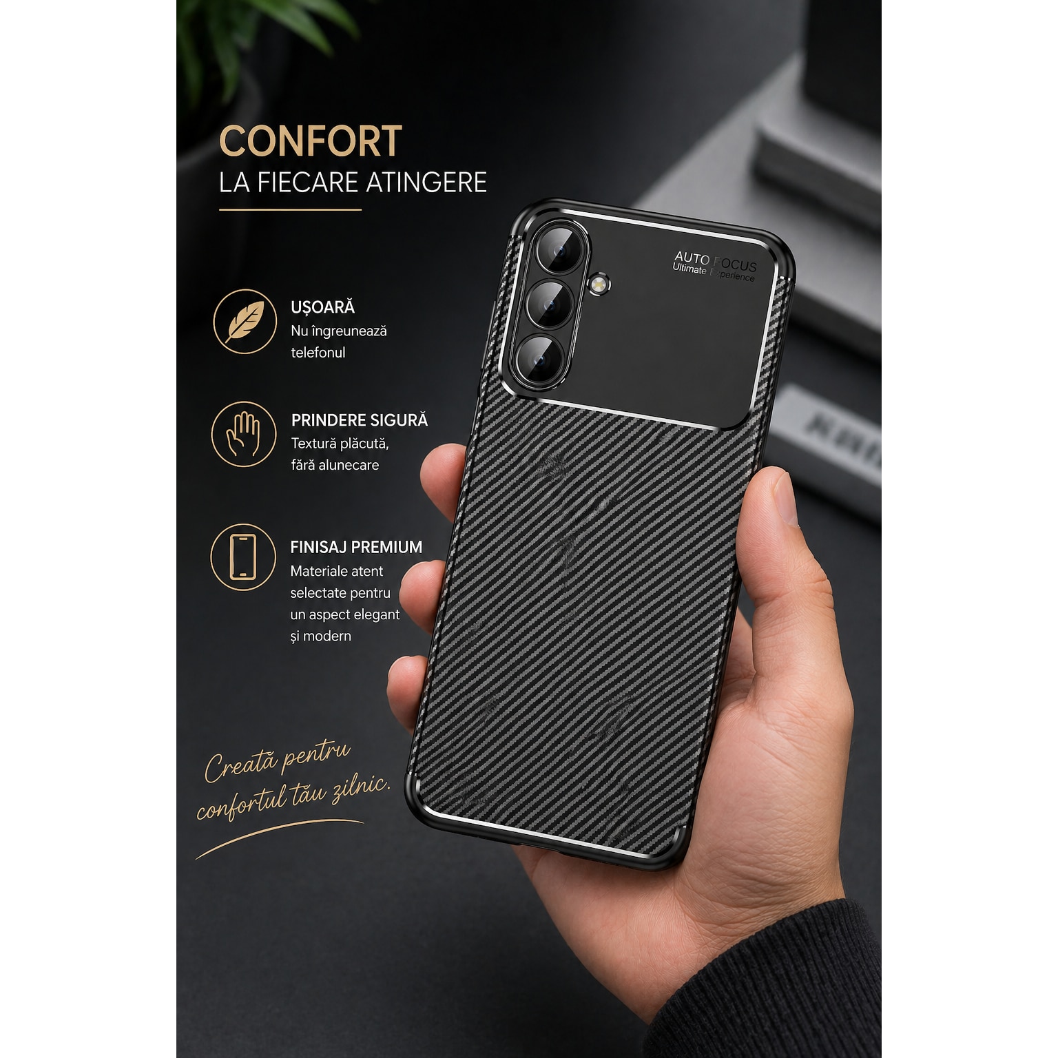 Husa antisoc pentru Samsung Galaxy A36, silicon, design carbon, subtire, neagra, ISAG