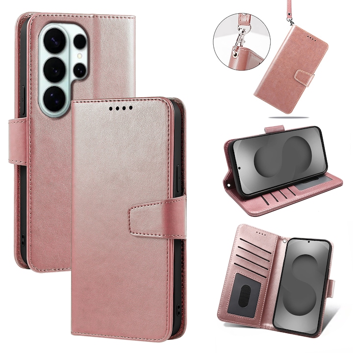 Husa pentru Samsung Galaxy S26 Ultra, Omelivon, piele fina, Diary Book, tip carte, cu Portofel Interior, stand, Inchidere Magnetica, Antisoc, Roz