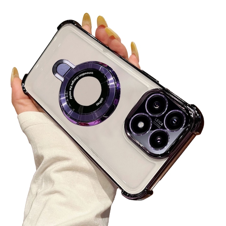 Husa compatibila cu Xiaomi 14T, carcasa transparenta rezistenta la socuri cu suport inel magnetic. Husa pentru Xiaomi 14T din silicon moale/TPU-Violet deschis