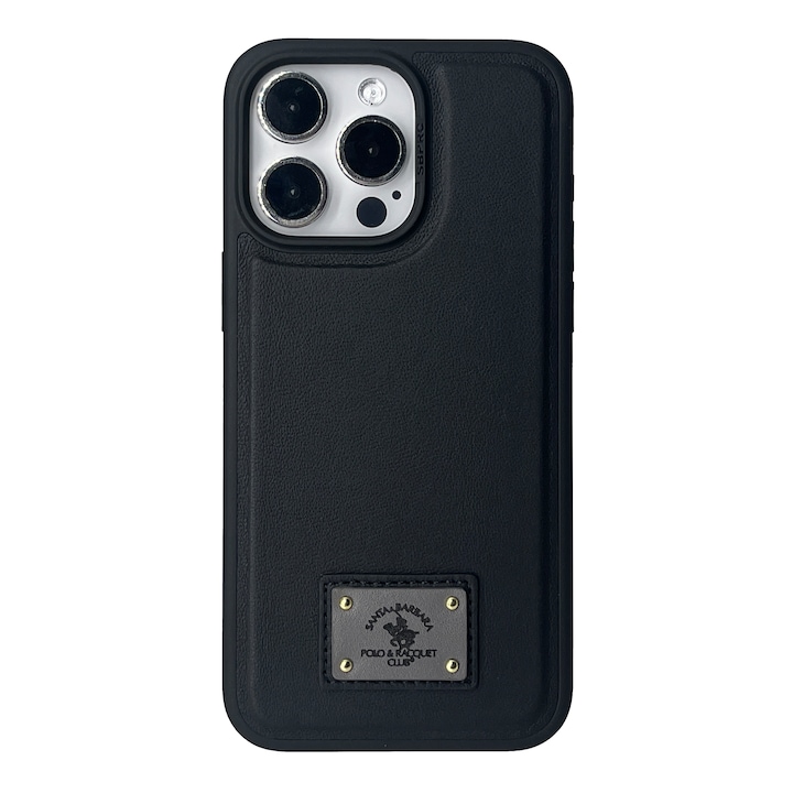 Husa Premium pentru iPhone 15 Santa Barbara Polo & Racquet Club Gilbert Black, Compatibila Magsafe, Piele Naturala