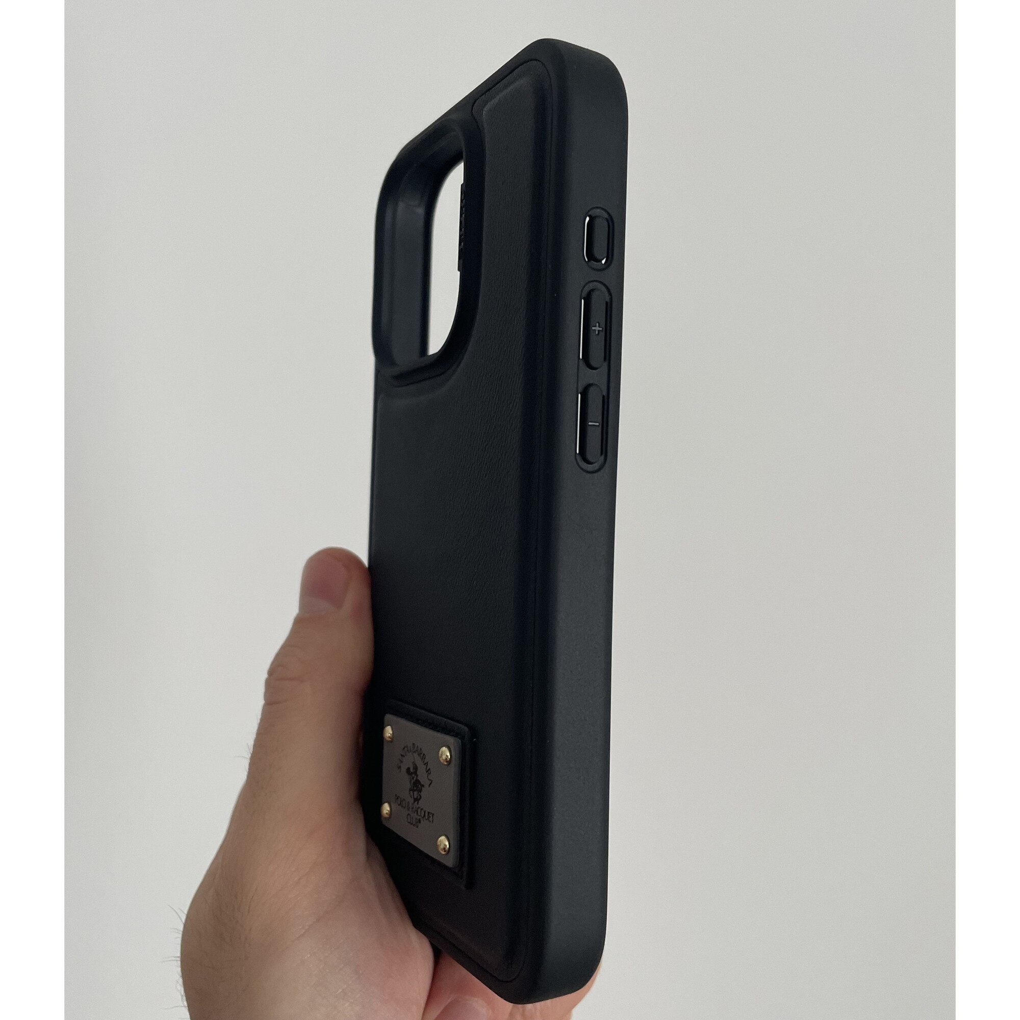 Husa Premium pentru iPhone 15 Santa Barbara Polo & Racquet Club Gilbert Black, Compatibila Magsafe, Piele Naturala