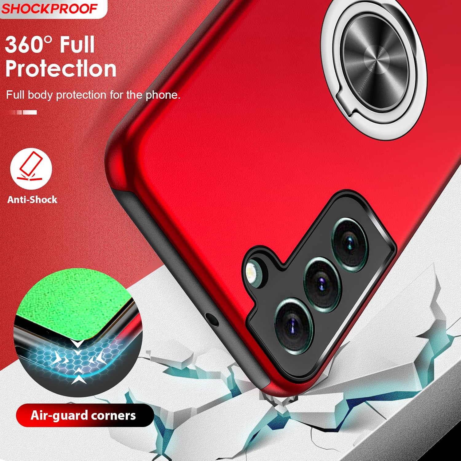 Husa de protectie pentru Samsung Galaxy S22 Plus, Hybrid Antisoc, Kickstand, Bumper inel rotativ 360, Red