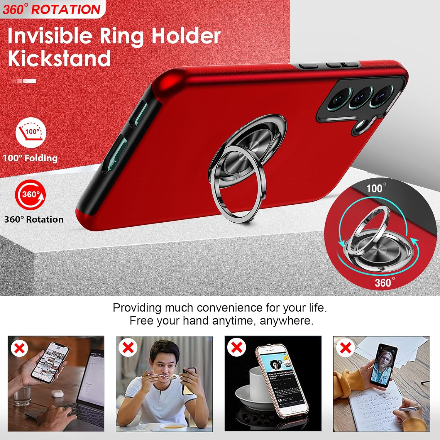 Husa de protectie pentru Samsung Galaxy S22 Plus, Hybrid Antisoc, Kickstand, Bumper inel rotativ 360, Red