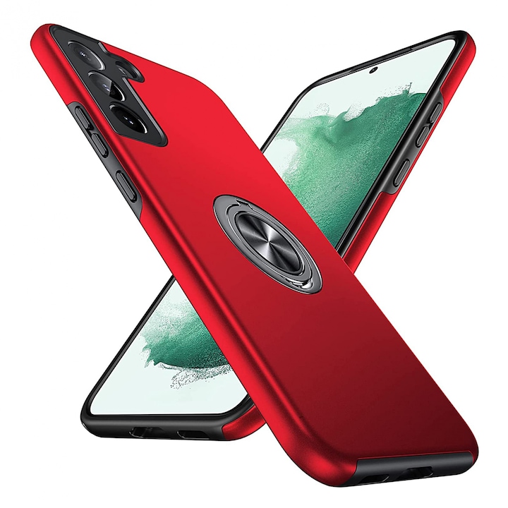 Husa de protectie pentru Samsung Galaxy S22 Plus, Hybrid Antisoc, Kickstand, Bumper inel rotativ 360, Red