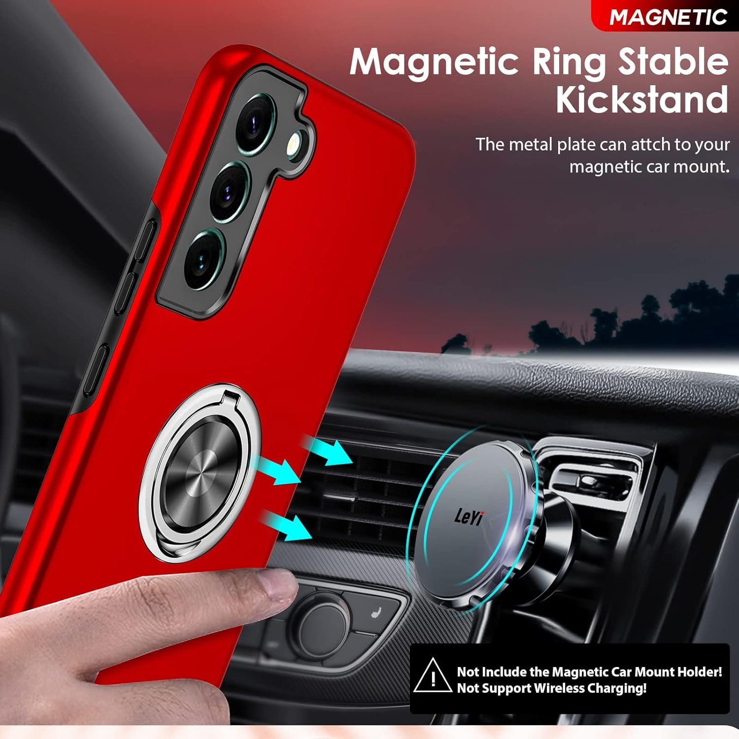 Husa de protectie pentru Samsung Galaxy S22 Plus, Hybrid Antisoc, Kickstand, Bumper inel rotativ 360, Red