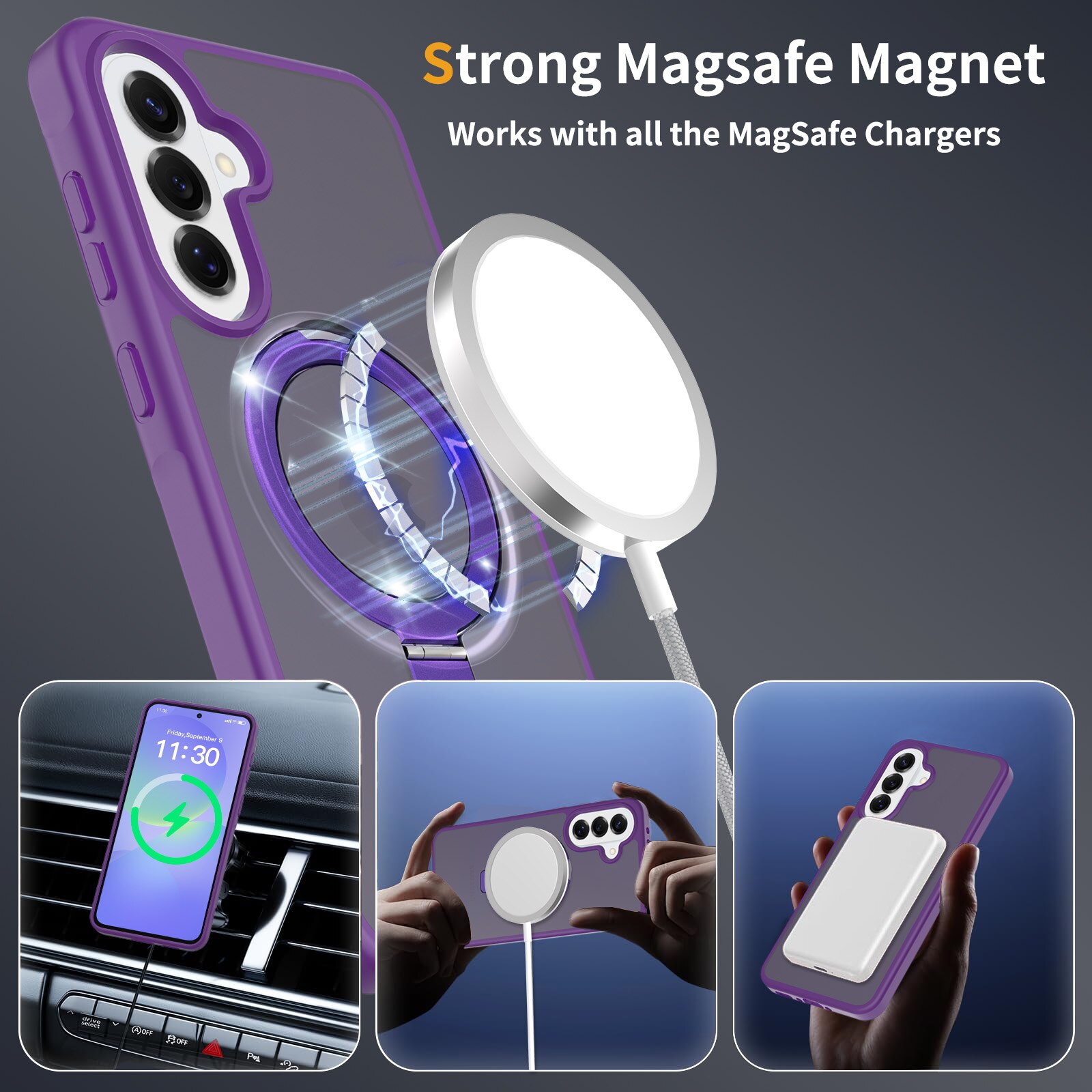 Husă de protecție pentru Samsung Galaxy A37, suport tip inel, MagSafe, spate semitransparent, violet închis