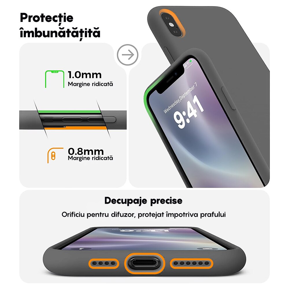 Husa CASEY STUDIOS™ compatibila cu iPhone XS Max, Soft Silicone Premium, Microfibra in Interior, Dark Gray, de Protectie, Ultra Slim, pentru Incarcare Wireless, Margini Ridicate de Protectia Ecranului si a Camerelor