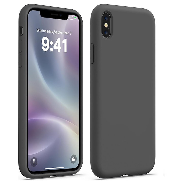 Husa CASEY STUDIOS™ compatibila cu iPhone XS Max, Soft Silicone Premium, Microfibra in Interior, Dark Gray, de Protectie, Ultra Slim, pentru Incarcare Wireless, Margini Ridicate de Protectia Ecranului si a Camerelor