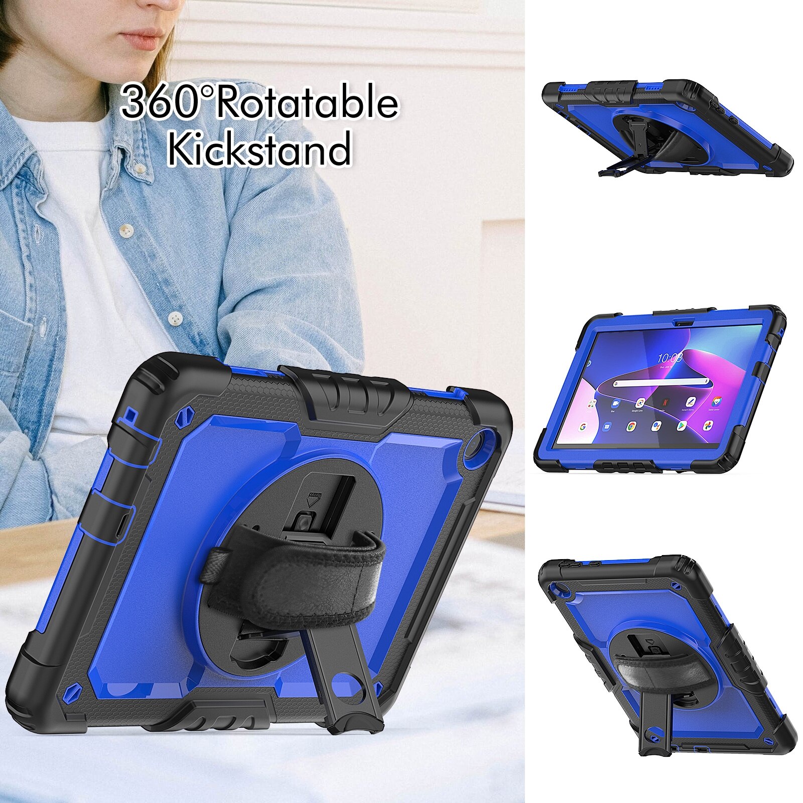 Husa tableta pentru Lenovo Tab M10 10.1 Gen 3, silicon hibrid PC cu bretea, Albastru