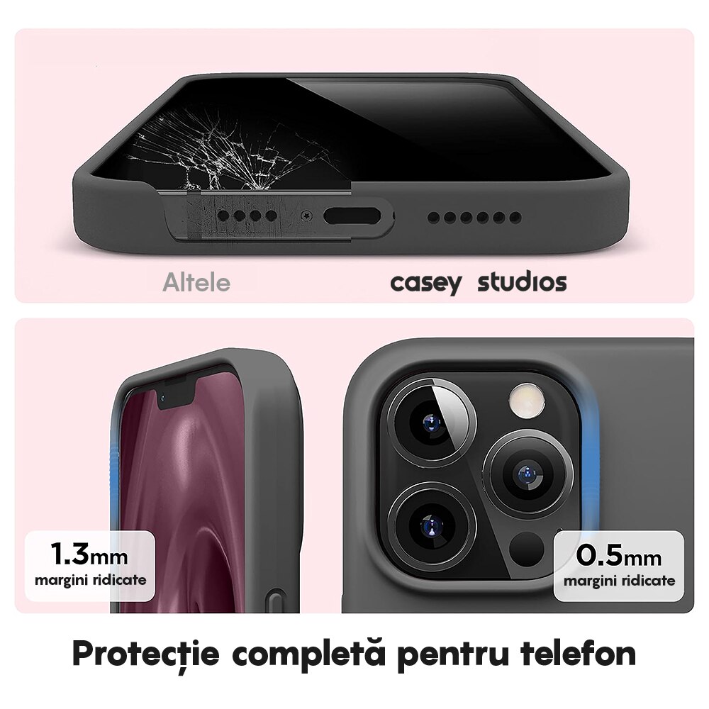 Husa CASEY STUDIOS™ compatibila cu iPhone 13 Pro Max, Soft Silicone Premium, Microfibra in Interior, Dark Gray, de Protectie, Ultra Slim, pentru Incarcare Wireless, Margini Ridicate de Protectia Ecranului si a Camerelor
