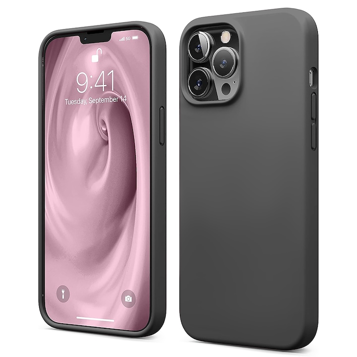 Husa CASEY STUDIOS™ compatibila cu iPhone 13 Pro Max, Soft Silicone Premium, Microfibra in Interior, Dark Gray, de Protectie, Ultra Slim, pentru Incarcare Wireless, Margini Ridicate de Protectia Ecranului si a Camerelor
