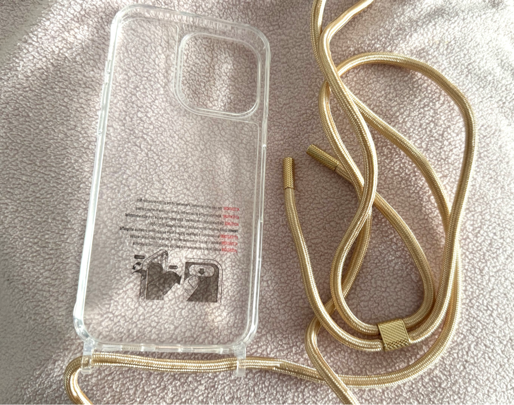 Husa Transparenta pentru iPhone 16 Pro Max, Antisoc, cu Snur Reglabil Integrat, Protectie Superioara, Auriu