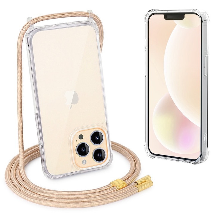 Husa Transparenta pentru iPhone 16 Pro Max, Antisoc, cu Snur Reglabil Integrat, Protectie Superioara, Auriu