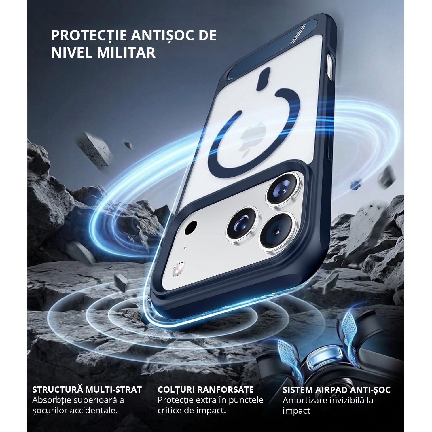 Husa pentru iPhone 17 PRO, MobileSmart, compatibil cu MagSafe, suport ascuns si protectie militara antisoc cu margini ridicate, Blue
