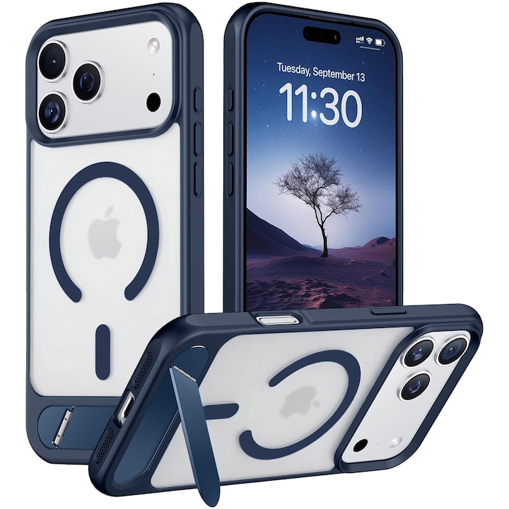 Husa pentru iPhone 17 PRO, MobileSmart, compatibil cu MagSafe, suport ascuns si protectie militara antisoc cu margini ridicate, Blue